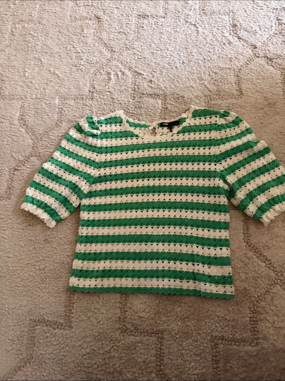 Maje Green and White Crochet Stripe Puff Sleeve Top